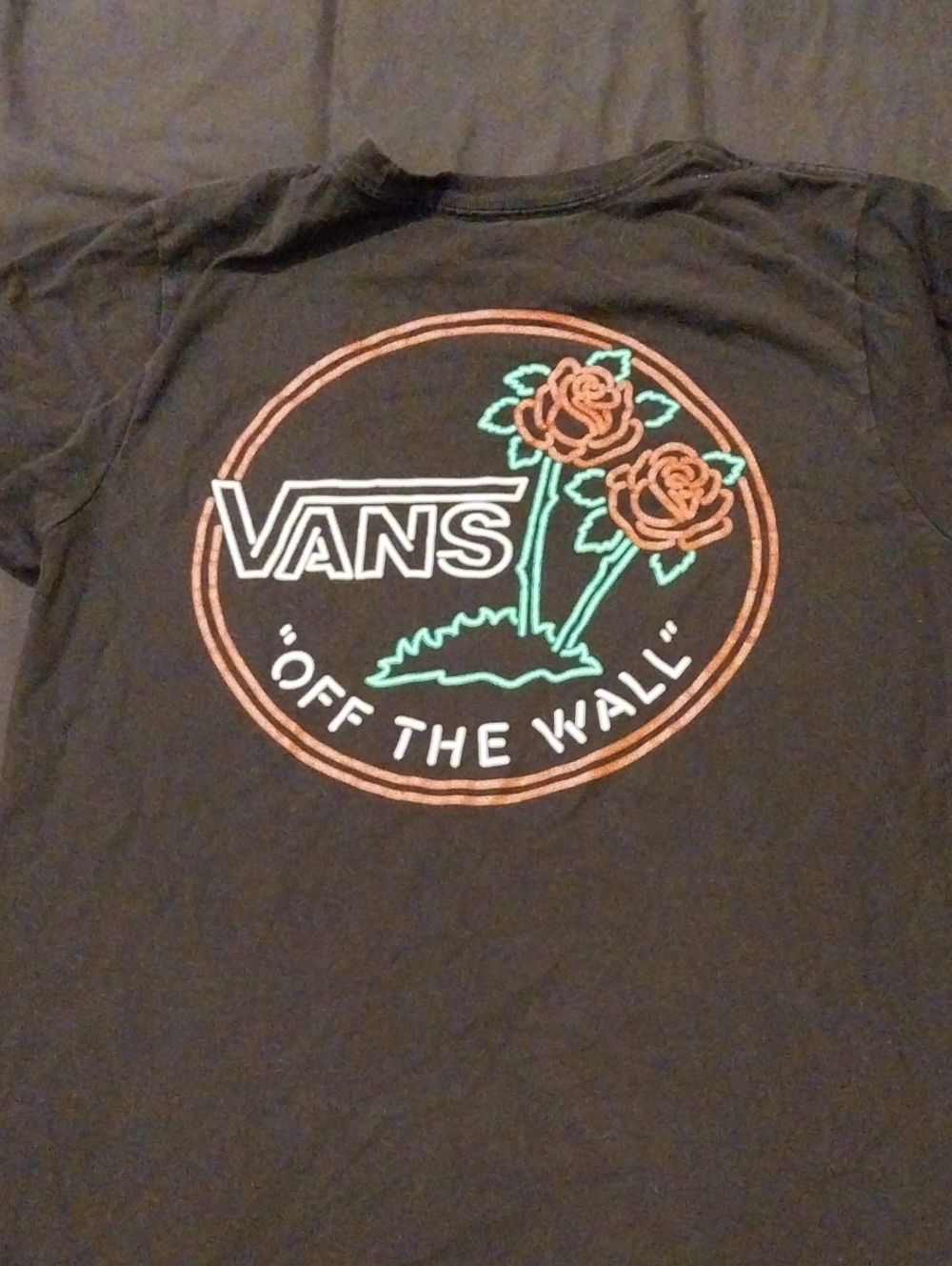 Vans Black Tee with Orange Rose Graphic and Green Accents